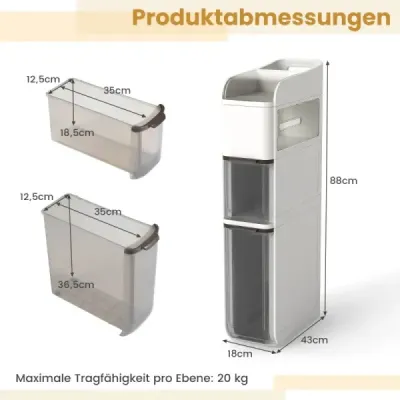 Úzka kúpeľňová skrinka s 2 zásuvkami a boxom na vreckovky. Priestorovo úsporná kúpeľňová skrinka, biela.