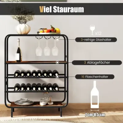 5-poschodový stojan na víno na 16 fliaš s držiakmi na poháre, stojan na fľaše, stojan na víno, 90 x 35 x 117 cm