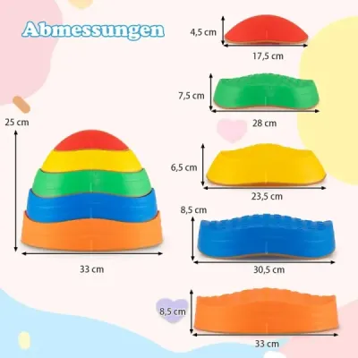 Balančné kamene pre deti, protišmykové stohovacie kamene, nosnosť do 80 kg, riečne kamene, farebný päťuholníkový dizajn