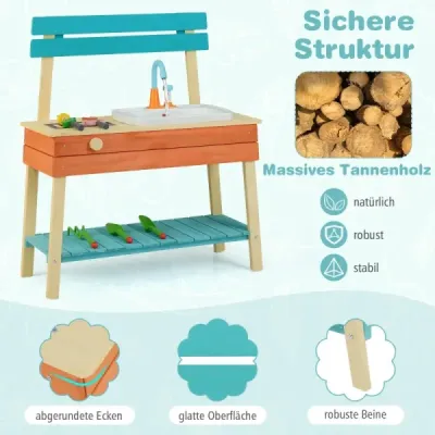 Detská kuchynka, drevená kuchynská súprava s detským jedlom, drevené špajle, rošt na grilovanie, modrá