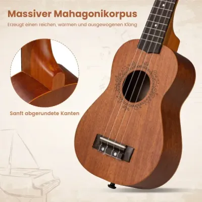 21-palcová sada ukulele z mahagónového dreva s prenosným puzdrom, trsátkom, nastaviteľným popruhom, prírodná farba