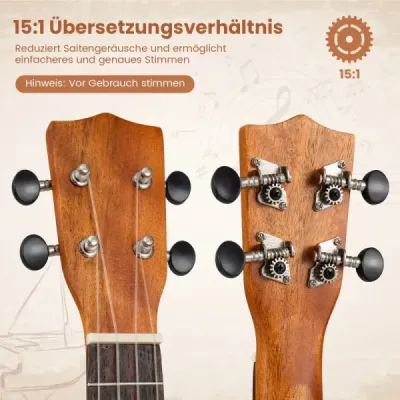 21-palcová sada ukulele z mahagónového dreva s prenosným puzdrom, trsátkom, nastaviteľným popruhom, prírodná farba