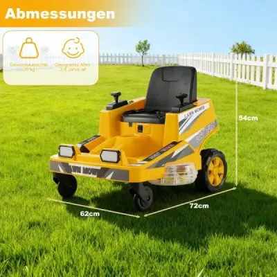 12V kosačka na trávu s dvojitými ovládacími pákami, LED svetlami a funkciou otáčania a cúvania, oranžová