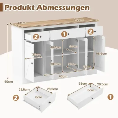 Komoda s 3 zásuvkami, 2 sklenenými dvierkami a nastaviteľnými policami, kuchynská skrinka, biela