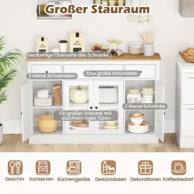 Komoda s 3 zásuvkami, 2 sklenenými dvierkami a nastaviteľnými policami, kuchynská skrinka, biela