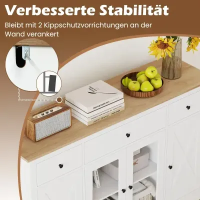 Komoda s 3 zásuvkami, 2 sklenenými dvierkami a nastaviteľnými policami, kuchynská skrinka, biela