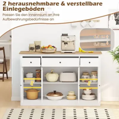 Komoda s 3 zásuvkami, 2 sklenenými dvierkami a nastaviteľnými policami, kuchynská skrinka, biela