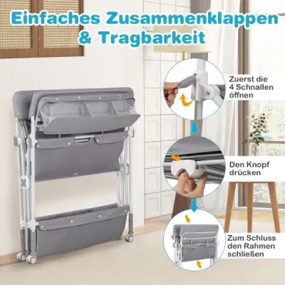 Prenosný prebaľovací pult s kolieskami, skladací prebaľovací stôl s výškovo nastaviteľnou prebaľovacou podložkou, sivý