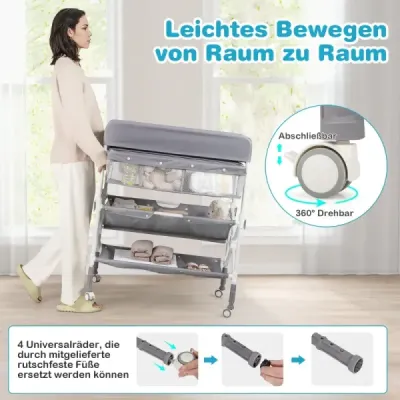 Prenosný prebaľovací pult s kolieskami, skladací prebaľovací stôl s výškovo nastaviteľnou prebaľovacou podložkou, sivý