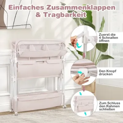 Prenosný prebaľovací pult s kolieskami, skladací prebaľovací stôl s výškovo nastaviteľnou prebaľovacou podložkou, béžový