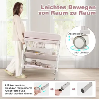 Prenosný prebaľovací pult s kolieskami, skladací prebaľovací stôl s výškovo nastaviteľnou prebaľovacou podložkou, béžový