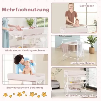 Prenosný prebaľovací pult s kolieskami, skladací prebaľovací stôl s výškovo nastaviteľnou prebaľovacou podložkou, béžový