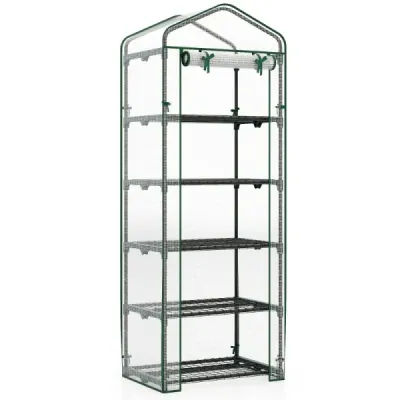 Mini skleník s 5 úrovňami políc, PE krytom a rolovacími zipsovými dverami, biely