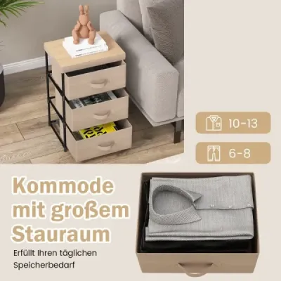 Sada 2 nočných stolíkov s látkovými zásuvkami, bočné stolíky s kovovými rámami, hnedá látková komoda