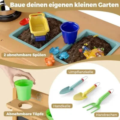 Detská hlinená kuchynka s tabuľou, kohútikom, drezom a kvetináčmi, drevená detská kuchynka