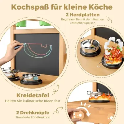 Detská hlinená kuchynka s tabuľou, kohútikom, drezom a kvetináčmi, drevená detská kuchynka