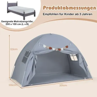 Detský stan s dvojlôžkom, skladací a prenosný stan s baldachýnom pre poschodové postele s 2 oknami, námornícky šedý