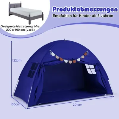 Detský stan s dvojlôžkom, skladací a prenosný stan s baldachýnom pre poschodové postele s 2 oknami, námornícky modrý