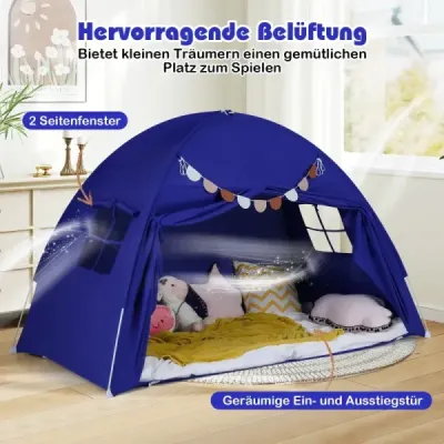 Detský stan s dvojlôžkom, skladací a prenosný stan s baldachýnom pre poschodové postele s 2 oknami, námornícky modrý