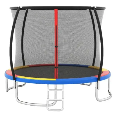 Vonkajšia trampolína s rebríkom, okrúhla záhradná trampolína s ochrannou sieťou, krytom okrajov a kovovým rámom, Ø366 cm