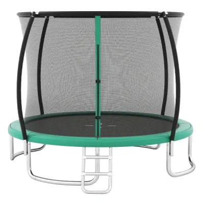 Vonkajšia trampolína s rebríkom, okrúhla záhradná trampolína s ochrannou sieťou, krytom okrajov a kovovým rámom, Ø366 cm, zelená