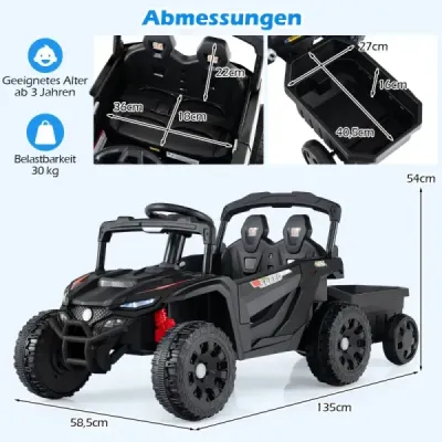 12V detský traktor s odnímateľným prívesom a diaľkovým ovládaním pre rodičov, elektrický UTV, čierny