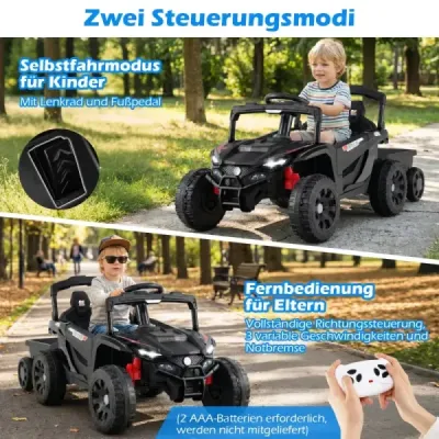 12V detský traktor s odnímateľným prívesom a diaľkovým ovládaním pre rodičov, elektrický UTV, čierny