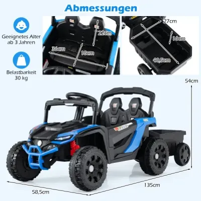 12V detský traktor s odnímateľným prívesom a diaľkovým ovládaním pre rodičov, elektrický UTV, modrý