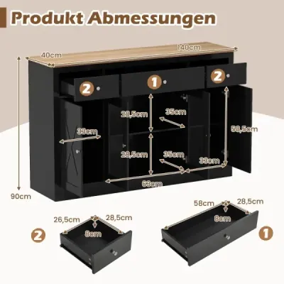 Komoda s 3 zásuvkami, 2 sklenenými dvierkami a nastaviteľnými policami, kuchynská skrinka, čierna