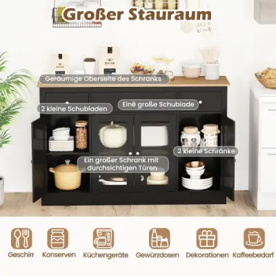 Komoda s 3 zásuvkami, 2 sklenenými dvierkami a nastaviteľnými policami, kuchynská skrinka, čierna