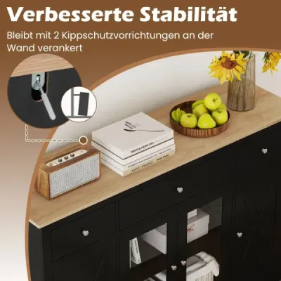 Komoda s 3 zásuvkami, 2 sklenenými dvierkami a nastaviteľnými policami, kuchynská skrinka, čierna