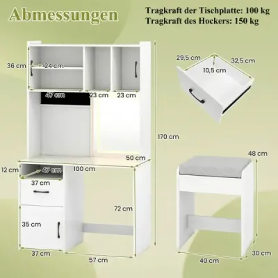 Toaletný stolík s osvetlením LED a stoličkou a zásuvkami Kozmetický stolík biely