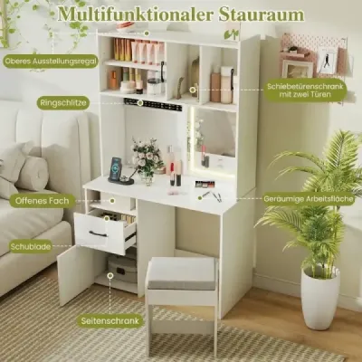 Toaletný stolík s osvetlením LED a stoličkou a zásuvkami Kozmetický stolík biely