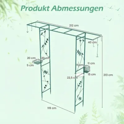 213 cm záhradný altánok s kŕmnou stanicou, robustný záhradný oblúk s miskou na vodu, mriežkový miska, kŕmidlo na loj, zelená