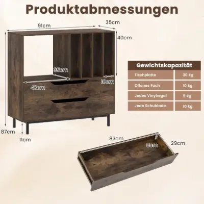Stojan na gramofón so 4 priehradkami na vinylové platne a 2 zásuvkami, retro držiak na vinyly, rustikálna hnedá