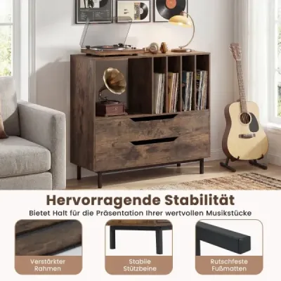 Stojan na gramofón so 4 priehradkami na vinylové platne a 2 zásuvkami, retro držiak na vinyly, rustikálna hnedá