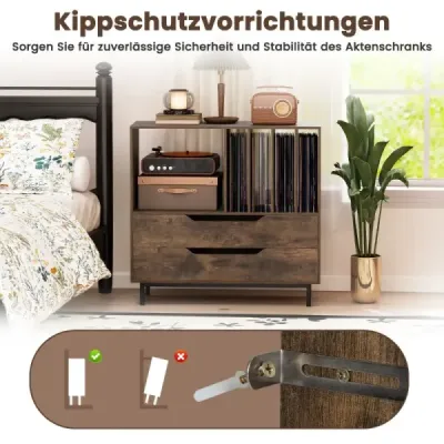 Stojan na gramofón so 4 priehradkami na vinylové platne a 2 zásuvkami, retro držiak na vinyly, rustikálna hnedá