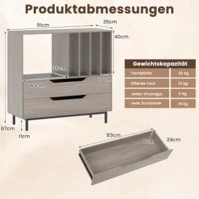 Stojan na gramofón so 4 priehradkami na vinyl a 2 zásuvkami, retro držiak na vinyl, sivý