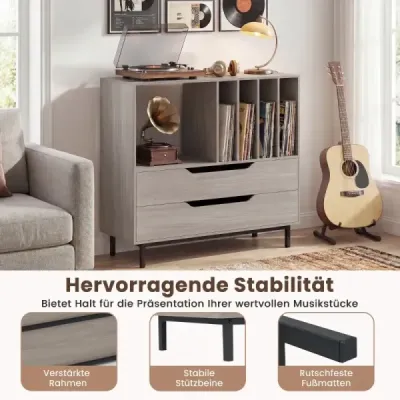 Stojan na gramofón so 4 priehradkami na vinyl a 2 zásuvkami, retro držiak na vinyl, sivý