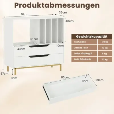 Stojan na gramofón so 4 priehradkami na vinylové platne a 2 zásuvkami, retro držiak na vinyly, biely