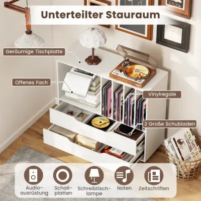 Stojan na gramofón so 4 priehradkami na vinylové platne a 2 zásuvkami, retro držiak na vinyly, biely