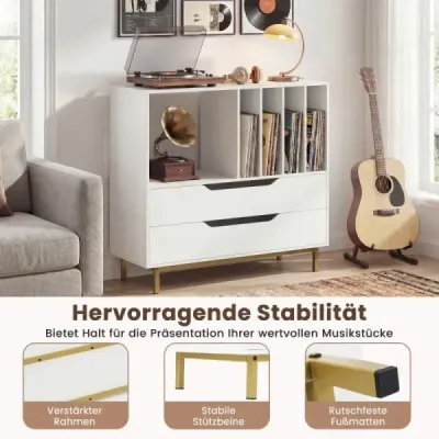 Stojan na gramofón so 4 priehradkami na vinylové platne a 2 zásuvkami, retro držiak na vinyly, biely