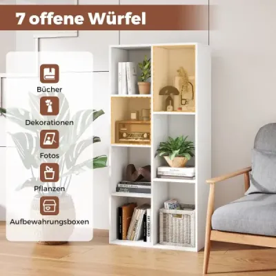 7-kocková knižnica, voľne stojaca kocková polica, vertikálna alebo horizontálna, so 7 priehradkami, úložná polica, biela
