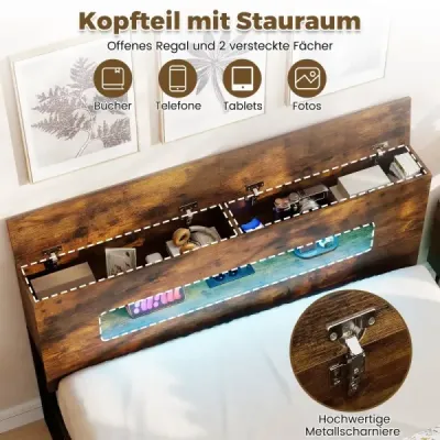 Rám postele s LED osvetlením, industriálna platforma s úložným čelom, 200 x 140 cm, rustikálna hnedá