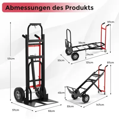 Kovový ručný vozík 3 v 1, konvertibilný, so 4 gumenými pneumatikami, maximálna nosnosť 450 kg, čierny + červený