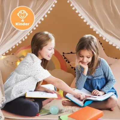 Detský domček s hviezdnym svetlom, oknom, podložkou a dvojitým závesom detský stan, béžový