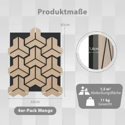 Balenie 4 kusov akustických stenových panelov s 27 nepravidelnými drevenými lamelami. Zvukovo pohlcujúce panely.
