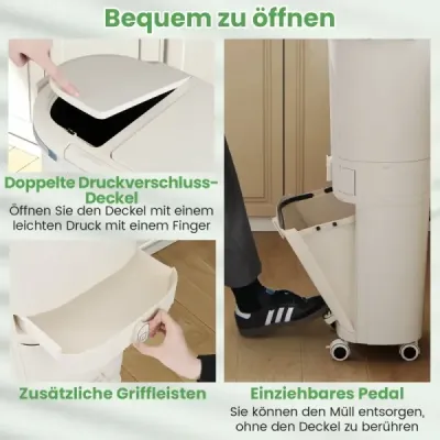42l kuchynský kôš s vekom, 3-poschodový triediaci kôš s 2 vyberateľnými priehradkami, béžový