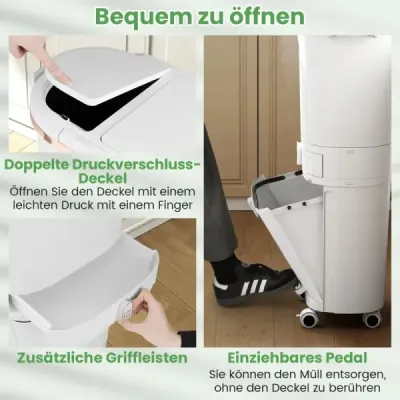 42l kuchynský kôš s vekom, 3-poschodový triediaci kôš s 2 vyberateľnými nádobami, biely