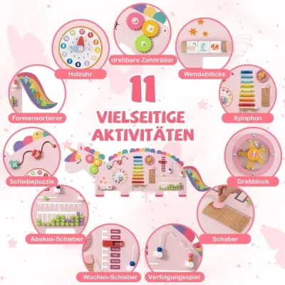11-v-1 nástenka s aktivitami s jednorožcom pre raný vývoj, nástenka s aktivitami pre batoľatá, senzorická tabuľa, ružová